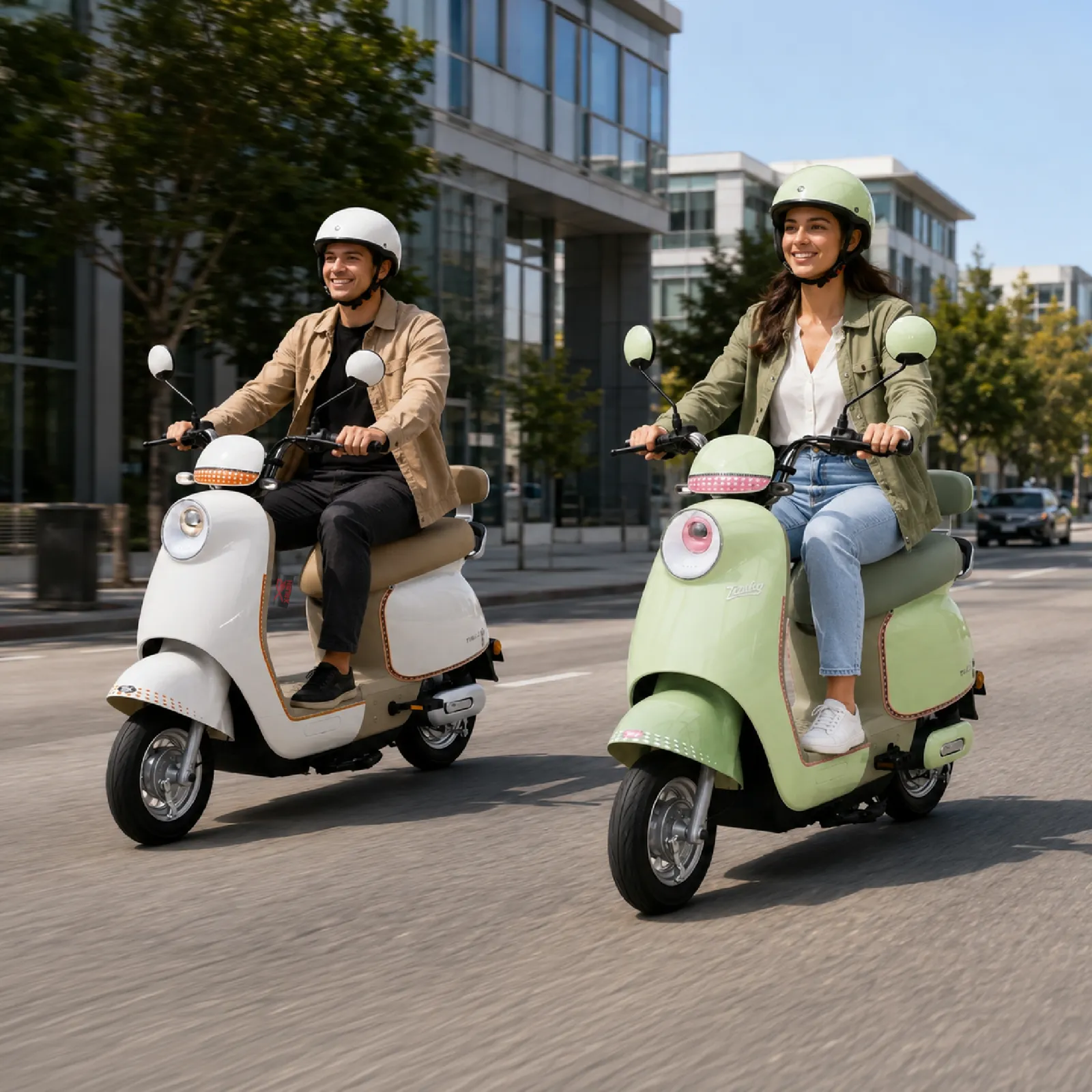 Dos personas paseando en motos TAILG GR52 menta y beige